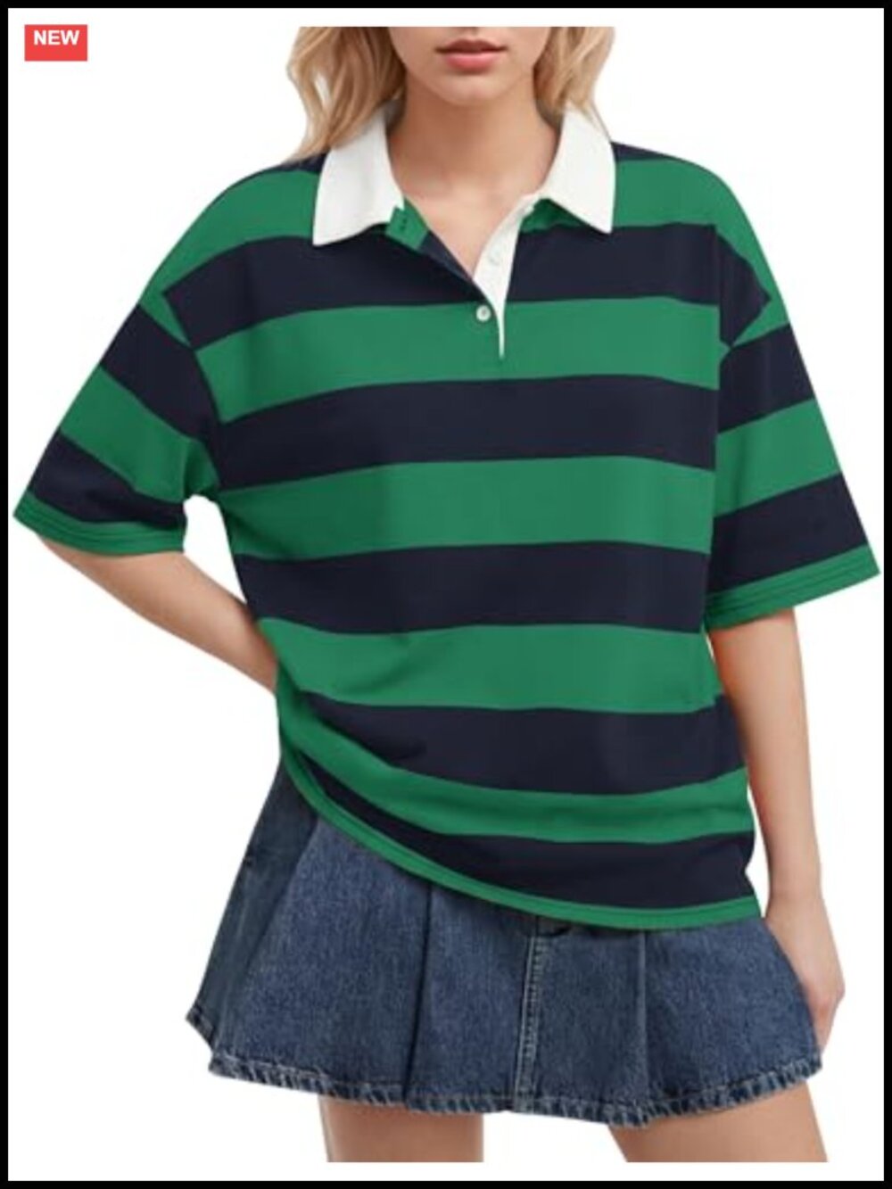 Striped Rugby Polo Shirt Women Oversized Short Sleeve Lapel V Neck Tee Button
